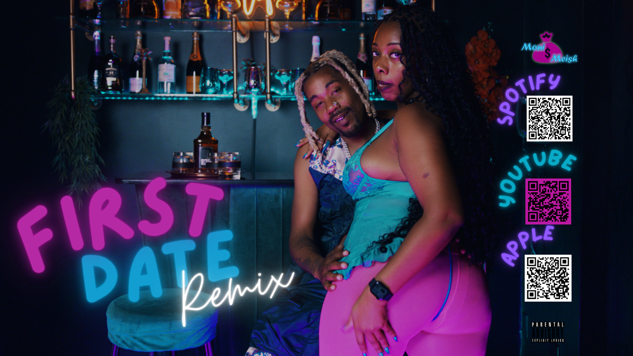 Moni Meish and Nizzle Man posing together with neon text 'First Date Remix' and music platform logos on a dark background.